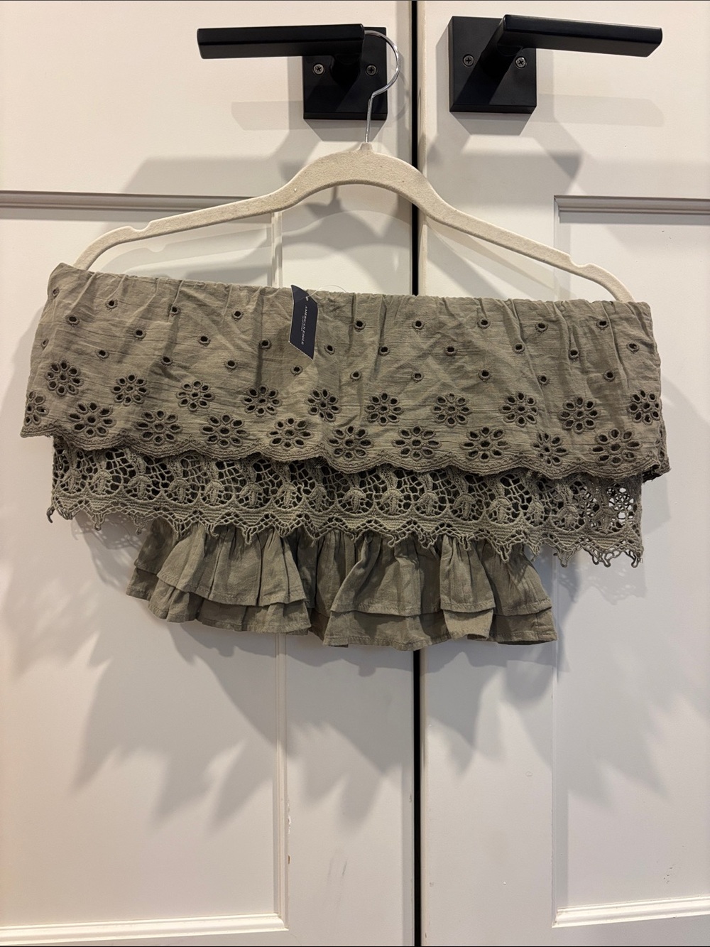 Eyelet Off-Shoulder Crop Top in Olive Green